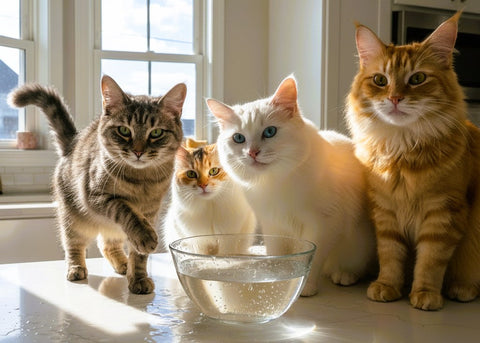 vier verschiedene Katzen und vor ihnen eine Schüssel Wasser