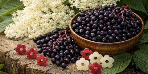 Holunderblüten und Holunderbeeren auf einem Baumstumpf mit Xylitblümchen Holunderblüte und Holunderbeere