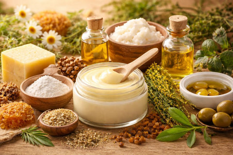 Auf dem Bild sind verschiedene Kräuter, Öle und Salbenzusätze die in der Hämorrhoidensalbe enthalten sind