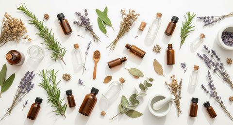 Kräuter, Blätter, Blüten, Flaschen liegend und stehend, Löffel und Mörser auf weißem Hintergrund 