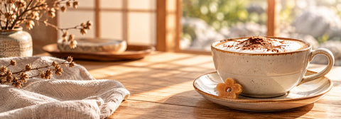 KI generiertes Bild mit einer Tasse Capuccino und einem Capuccino-Karamell-Blümchen auf der Untertasse. Pausenmoment 