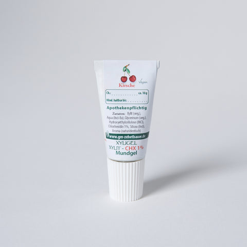 Produktbild einer 10g Tube mit CHX-Gel mit Kirsch-Aroma.