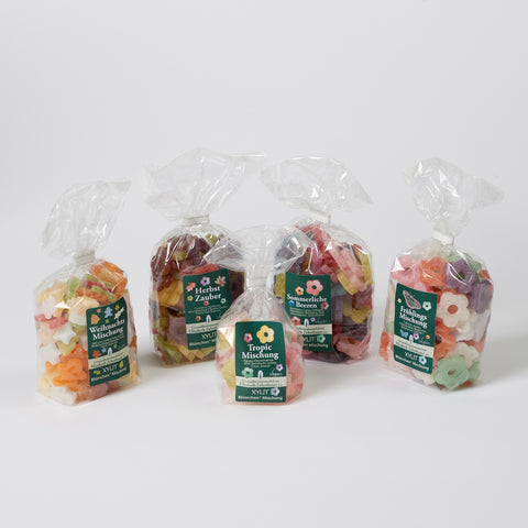 Eine Packung Xylit Weihnachts Mischung, eine Packung Xylit-Blümchen Herbst Zauber, eine Packung Xylit-Blümchen Sommerliche Beeren, eine Packung Xylit-Blümchen Frühlings Mischung halbrund angeordnet und mittig eine kleinere Packung Xylit-Blümchen Tropic.