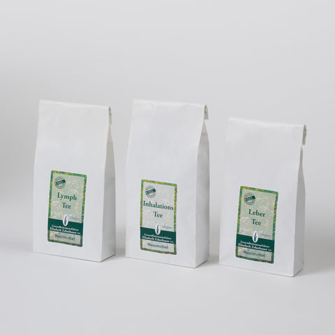 Eine Tee Tüte Lymph Tee 50g eine Tee Tüte Inhalations Tee 80g, eine Tee Tüte Leber Tee 50g