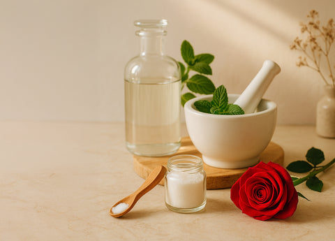 Arrangement aus Glasflasche Holzlöffel mit Xylit Mörser mit Minze und einer roten Rose