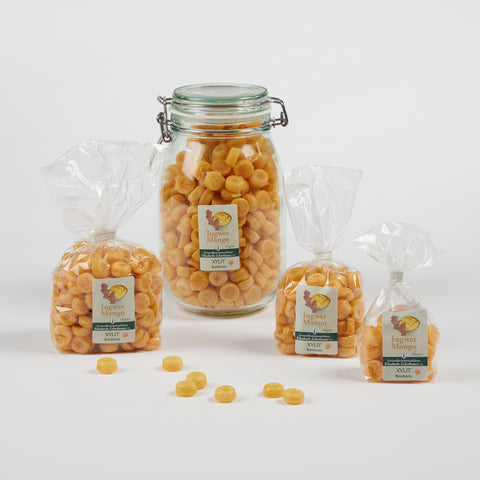 Xylit Bonbons  Ingwer-Mango Geschmack in verschiedenen Verpackungsgrößen, Produktbild 