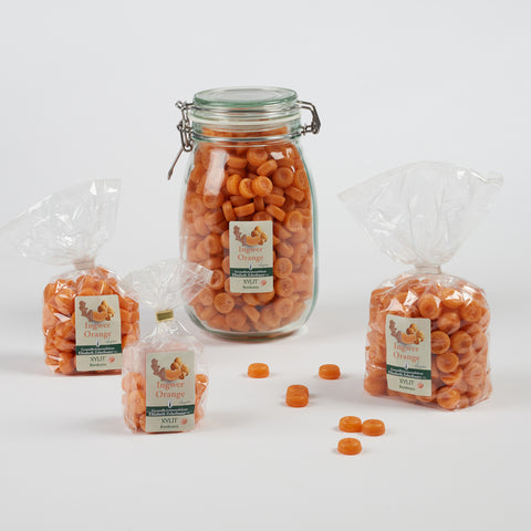 Xylit Bonbons Ingwer-Orange Geschmack in verschiedenen Verpackungsgrößen, Produktbild 