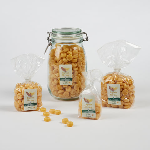 Xylit Bonbons Ingwer-Zitrone Geschmack in verschiedenen Verpackungsgrößen, Produktbild