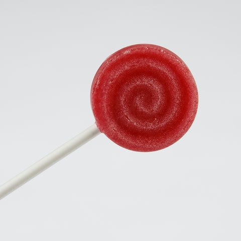 Xylit Lolli Cranberry Geschmack, runder flacher Lutscher mit erhabener Spiralform, Produktbild