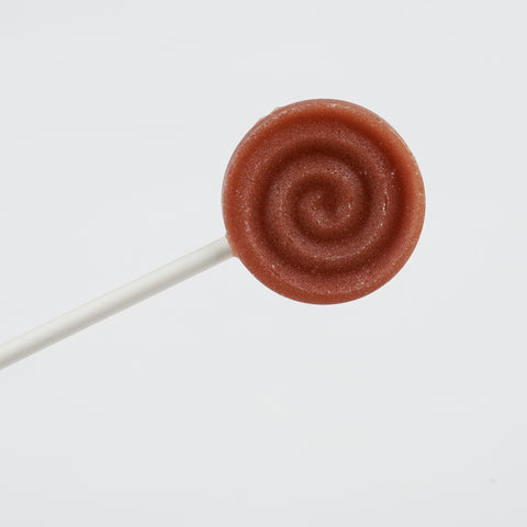 Xylit Lolli Kakao Geschmack, runder flacher Lutscher mit erhabener Spiralform, Produktbild