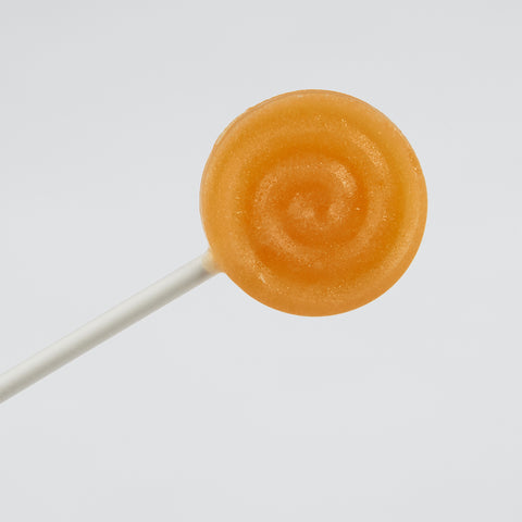 Xylit Lolli Orange runder flacher Lutscher mit erhabener Spiralform, Produktbild