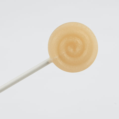 Xylit Lolli Pfirsich Geschmack, runder flacher Lutscher mit erhabener Spiralform, Produktbild