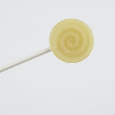 Xylit Lolli Zitrone Geschmack, runder flacher Lutscher mit erhabener Spiralform, Produktbild